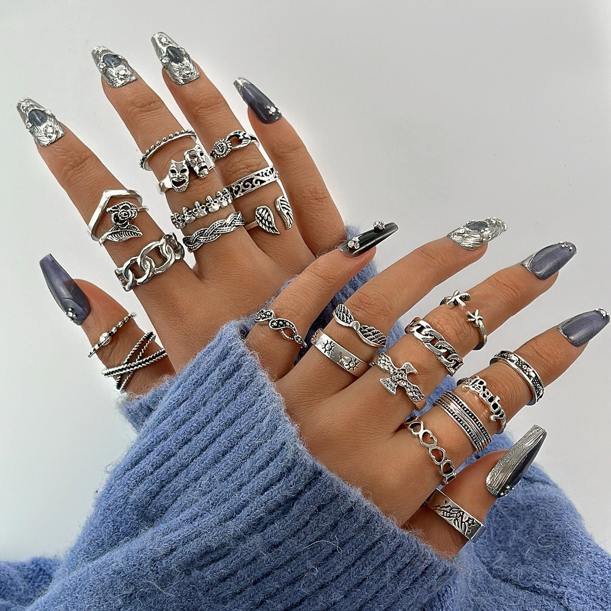 Wholesale Hollow Geometric Black Gemstone Ring Set